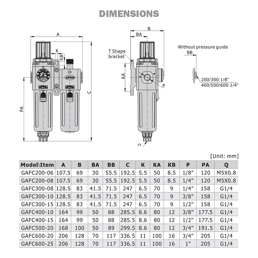 GAFC200N06ST AIRTAC X-SMALL FRL ASSEMBLY<BR>GAFC200 SERIES 1/8" NPT P-FILTER-REG, LUB 20-130 PSI 40 MIC NB LP GAUGE